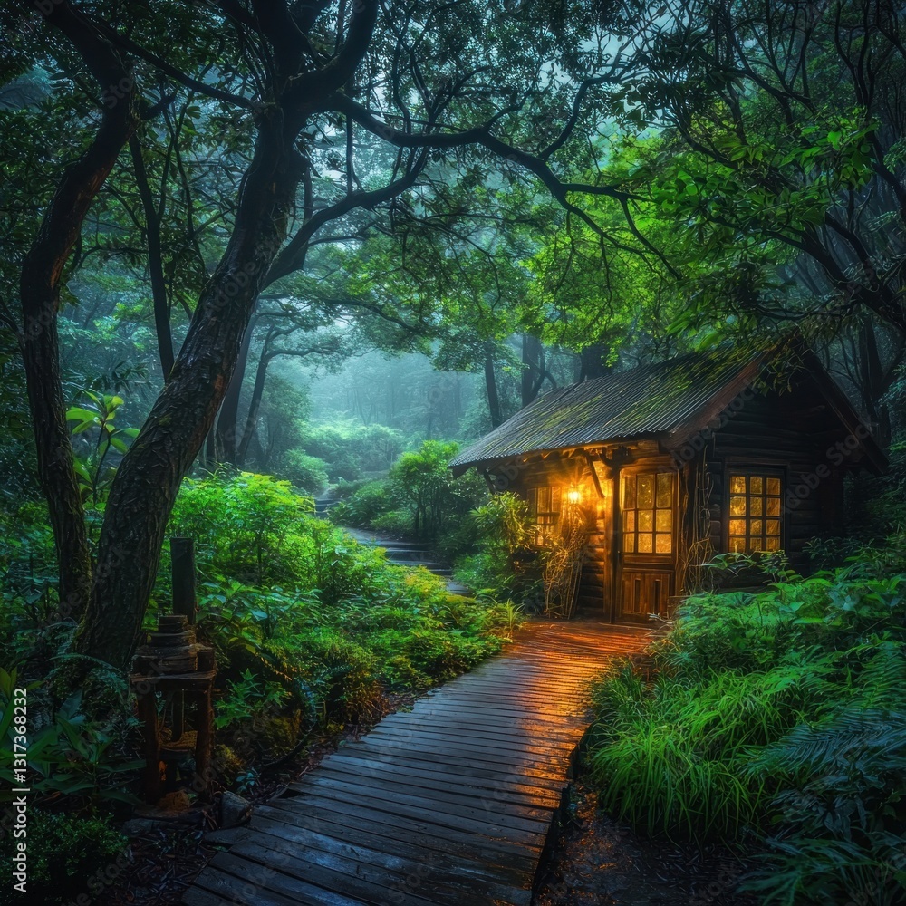 Cozy cabin retreat nestled among lush green foliage, path to glowing light Cozy cabin retreat nestled among lush green foliage, path to glowing light