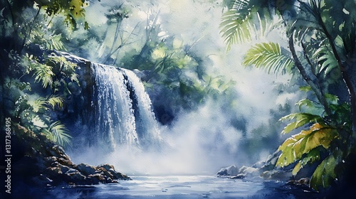 Serene Waterfall in Lush Tropical Rainforest Landscape Misty Tranquil Scene