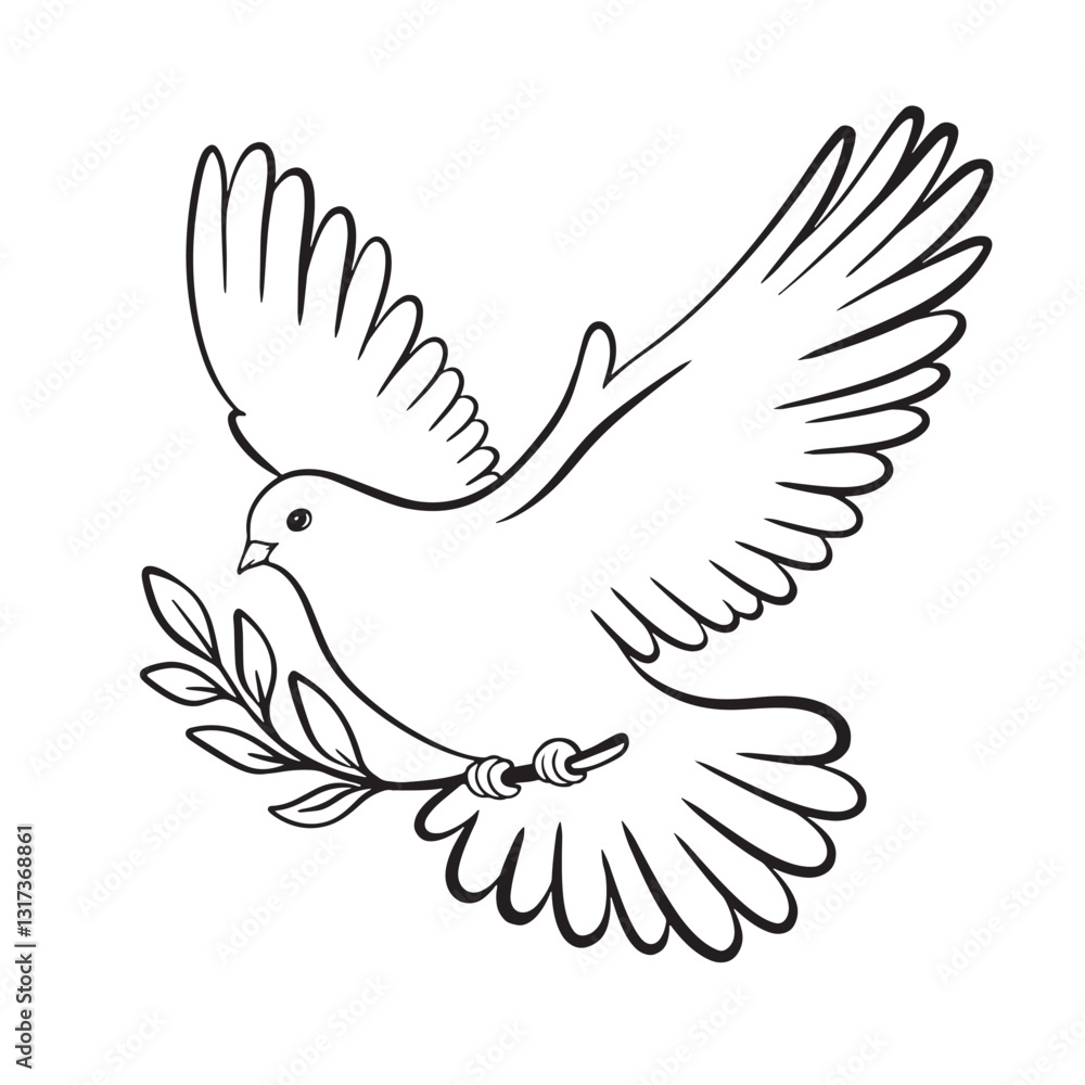 Obraz premium Pigeon Dove olive peace. Flying dove of peace pigeon doodle outline logo drawing. Dove for greeting card, banner, flyer.