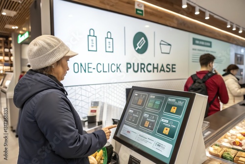 Obraz na płótnie Customer using digital kiosk for seamless store checkout experience.