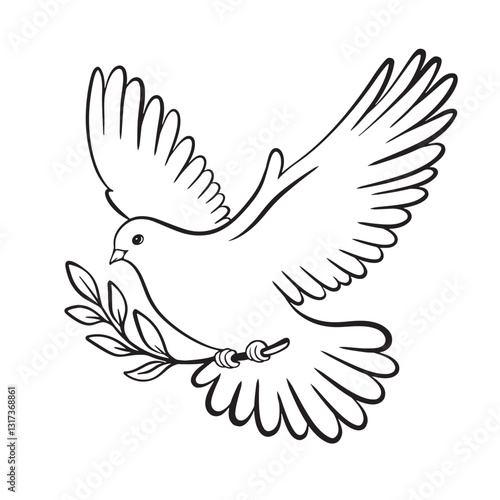Pigeon Dove olive peace. Flying dove of peace pigeon doodle outline logo drawing. Dove for greeting card, banner, flyer.