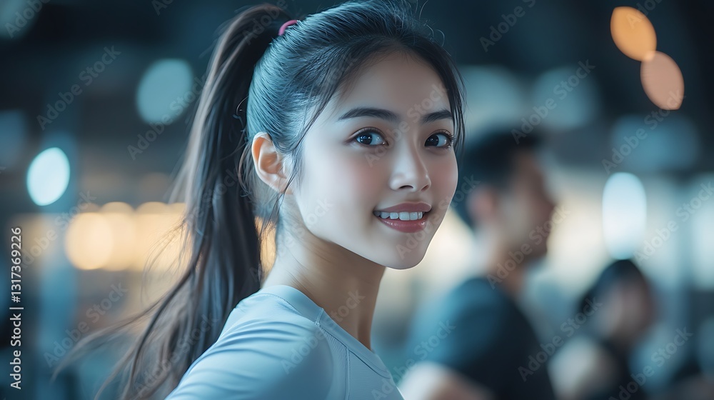 Obraz premium A determined Asian woman jogging on a treadmill, her ponytail bouncing, soft fitness studio lighting creating contrast, focused expression with a smile, friends running beside her,