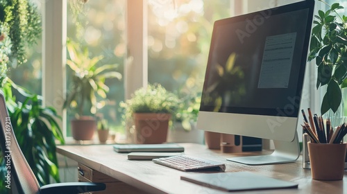 Wallpaper Mural Bright home office with plants and a computer overlooking a sunny garden in the early morning light, creating a peaceful and productive workspace environment Torontodigital.ca
