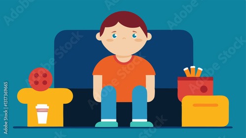 Sedentary Lifestyle A child sitting on a couch with snacks and a gaming console contrasting with s of sports equipment gathering dust in the corner emphasizing inactivity.