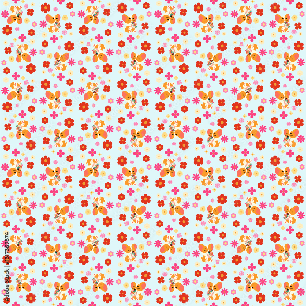 Seamless floral pattern featuring adorable corgis and delicate flowers in warm tones. Perfect for textiles, wallpapers, wrapping paper, and decorative projects. A charming mix of nature and playful pe Seamless floral pattern featuring adorable corgis and delicate flowers in warm tones. Perfect for textiles, wallpapers, wrapping paper, and decorative projects. A charming mix of nature and playful pe
