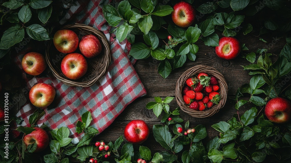 Overhead shot of red apples and strawberries in rustic baskets on dark wooden surface, surrounded by green leaves. A red and white checkered cloth is also present. Overhead shot of red apples and strawberries in rustic baskets on dark wooden surface, surrounded by green leaves. A red and white checkered cloth is also present.