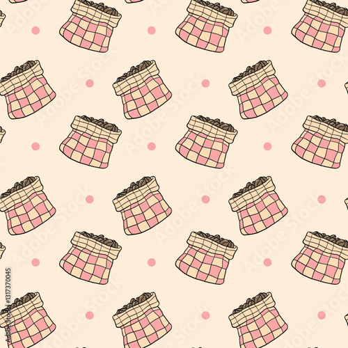 Seamless pattern with cute cartoon-style sacks of grains on a beige background with pink dots, Vector Illustration