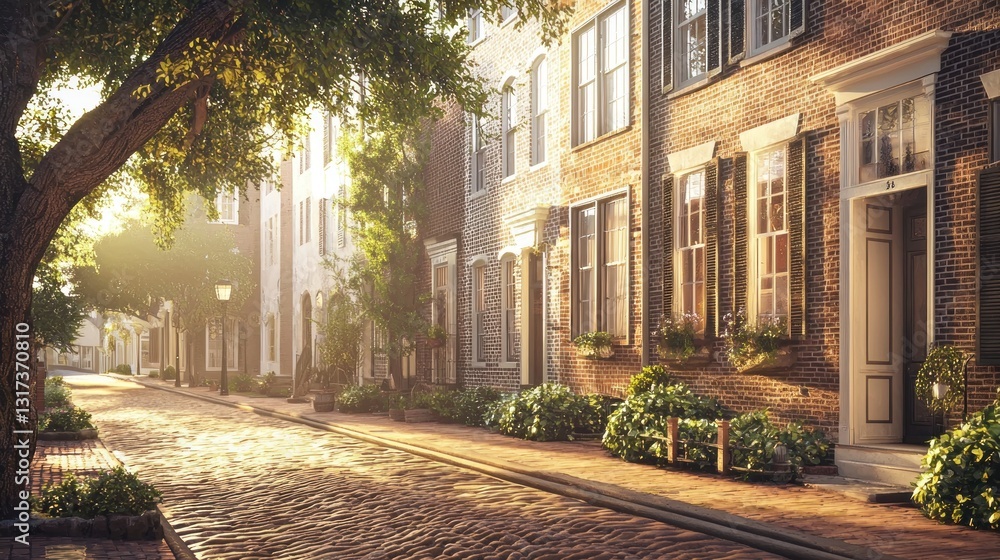 Obraz premium Sunlit cobblestone street with historic brick houses and lush greenery.