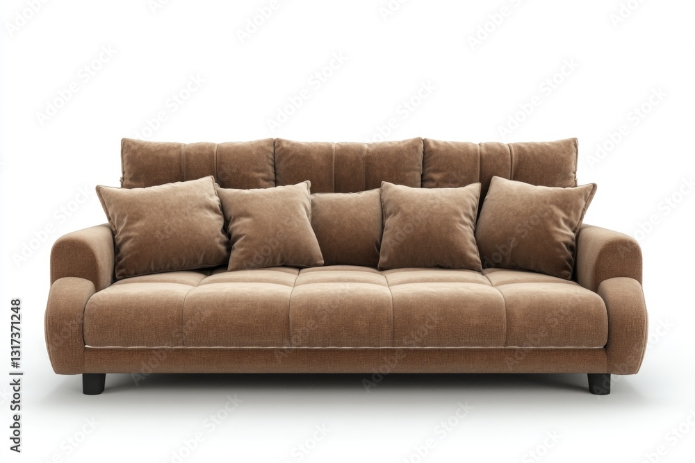 A comfortable brown couch topped with four decorative pillows A comfortable brown couch topped with four decorative pillows