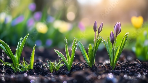 A serene garden with young plants emerging from the soil, surrounded by dewy leaves and early spring flowers blooming brightly in the background