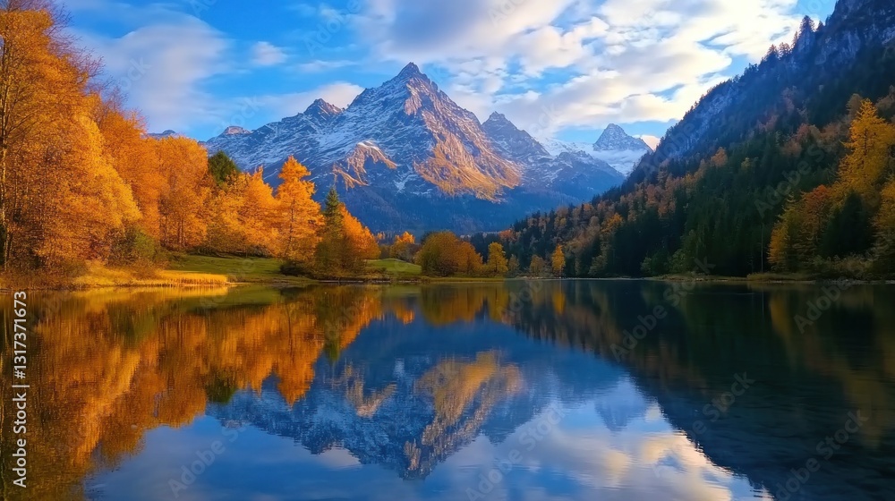 Fototapeta premium Autumnal mountain lake mirrored perfectly