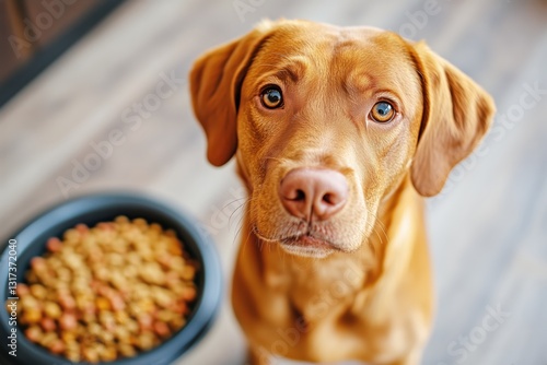 Happy Dog Looking up With Hopeful Eyes Beside a Bowl of Food in a Cozy Indoor...