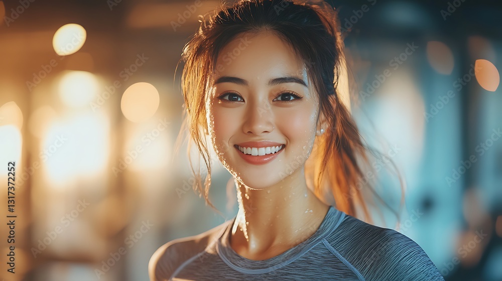 Obraz premium A fit Asian woman jogging on a treadmill, smiling with confidence, beads of sweat on her skin, warm gym lighting creating a vibrant and energetic atmosphere,