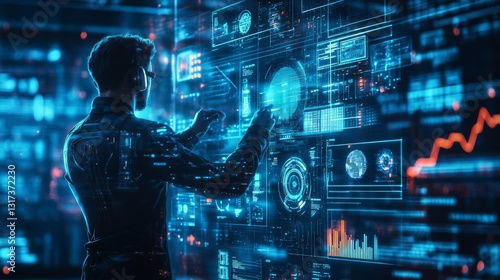 A photorealistic android AI with an advanced artificial nervous system, displaying deep human emotions, sitting in a high-tech control room surrounded by screens and holograms 