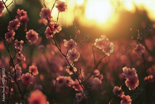 Quiet Sunset Over a Field of Blooming Flowers in the Forest
