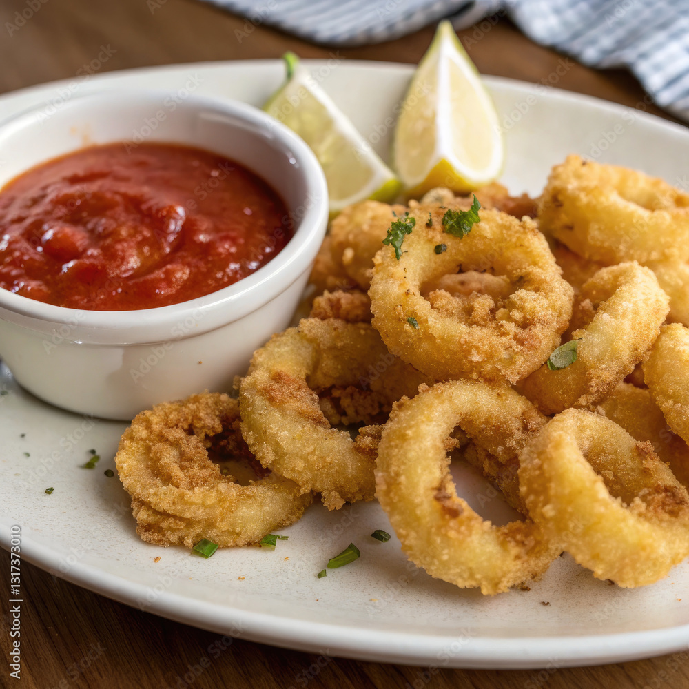 crispy, golden calamari rings served with a side of tomato sauce and lemon wedges, ready to be enjoyed. A delicious appetizer