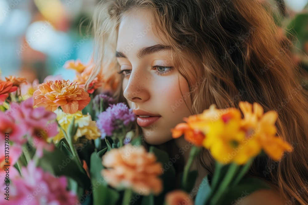 Woman Enjoying Colorful Flowers in Vibrant Display on a Sunny Day With Soft Natural Light Woman Enjoying Colorful Flowers in Vibrant Display on a Sunny Day With Soft Natural Light