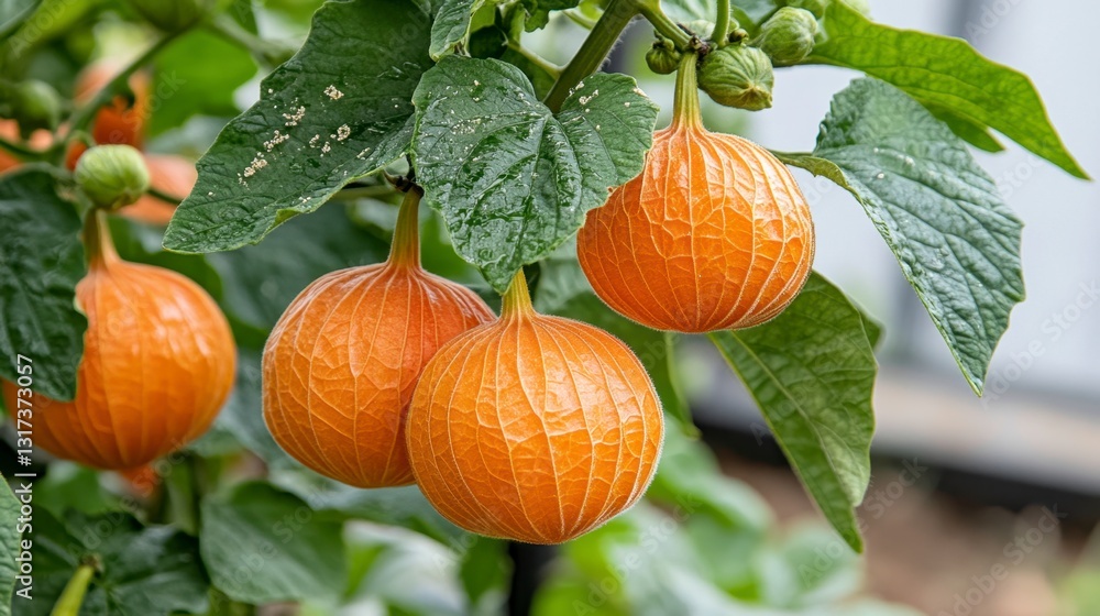 Obraz premium Close up view of three ripe, orange, round fruits hanging from a green leafy plant. The fruits have a slightly textured surface, and the leaves appear fresh and vibrant.