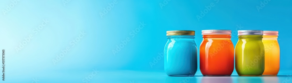 Surreal Glowing Jars of Baby Food With Vitamins on a Blue Background Surreal Glowing Jars of Baby Food With Vitamins on a Blue Background