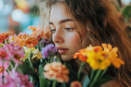 Woman Enjoying Colorful Flowers in Vibrant Display on a Sunny Day With Soft N...