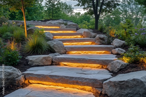Beautiful Illuminated Stone Steps in a Forested Area During Autumn
