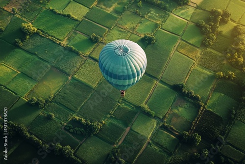 Hot Air Balloon Soaring Over Green Farmland at Sunrise