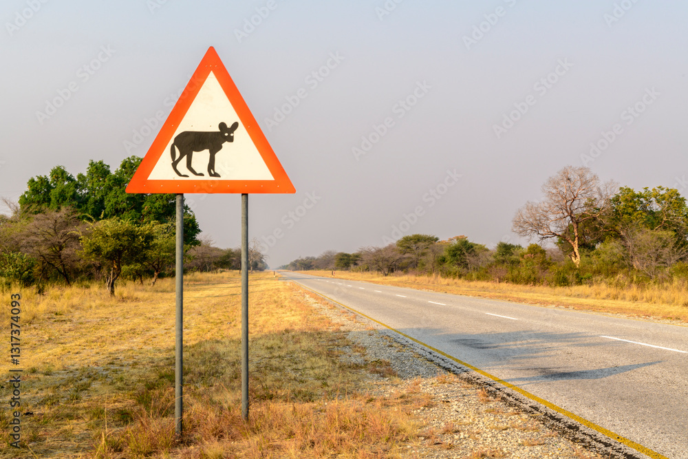 Traffic Sign Beware of African Wild Dogs, Namibia Traffic Sign Beware of African Wild Dogs, Namibia