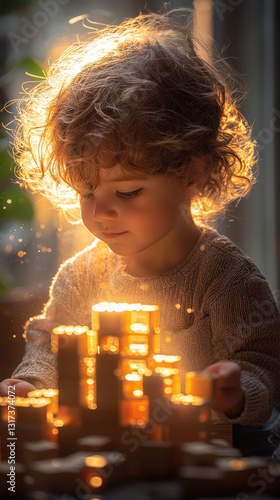 Child plays with building blocks, illuminated by warm light