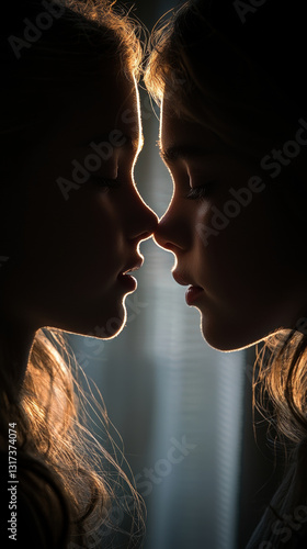 Silhouette of two children sharing moment, whispering secrets softly