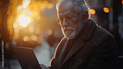 Elderly businessperson working on laptop during sunset, reflecting focus and wisdom