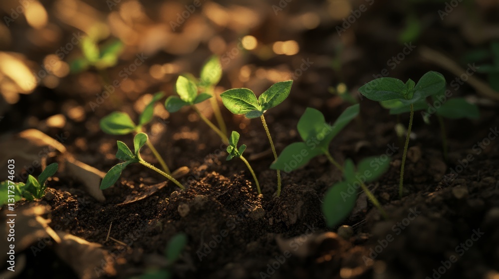 Close-up of tiny green seedlings pushing through the soil, with early spring flowers blooming in the background and morning light filtering through Close-up of tiny green seedlings pushing through the soil, with early spring flowers blooming in the background and morning light filtering through