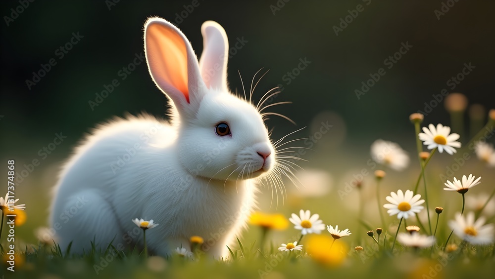 Photograph of a white rabbit with long ears, standing in a field of yellow and white daisies. The rabbit is facing the right, with its ears perked up and its eyes looking slightly to the side. Photograph of a white rabbit with long ears, standing in a field of yellow and white daisies. The rabbit is facing the right, with its ears perked up and its eyes looking slightly to the side.
