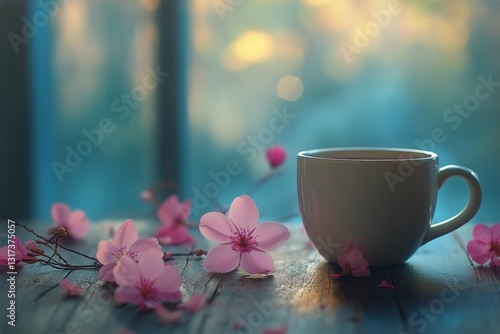 Morning Coffee Surrounded by Blooming Pink Flowers on a Wooden Table