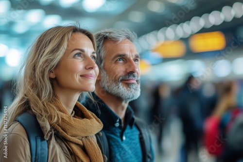 Couple Looking up in an Airport Terminal While Waiting for Their Flight Durin...