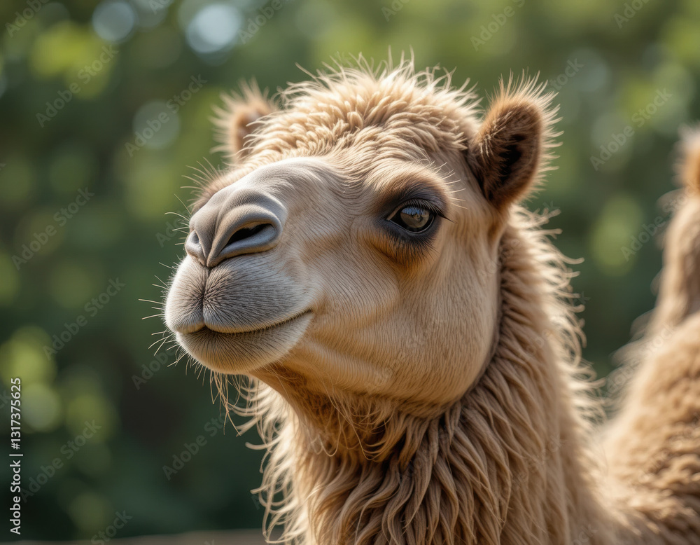Obraz premium A camel with fluffy fur and friendly eyes against the background of a desert landscape. The bright sky and warm sun create a calm atmosphere.