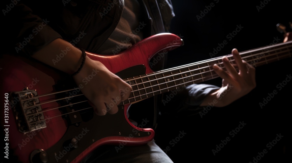 Fototapeta premium Passionate Bassist Playing a Red Electric Bass Guitar in Dramatic Low Light