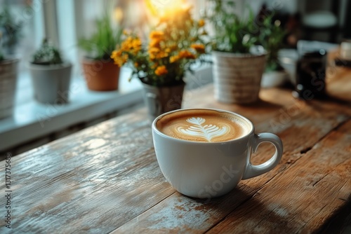 Warm Coffee Cup Resting on a Cozy Knit Blanket Near Sunlight-Filled Window