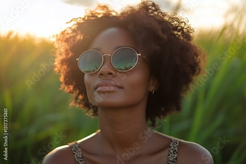 Woman Enjoying Sunset in a Grassy Field While Wearing Sunglasses and Showing ...