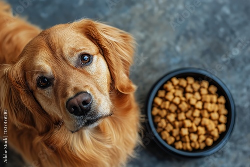 Happy Dog Looking up With Hopeful Eyes Beside a Bowl of Food in a Cozy Indoor...