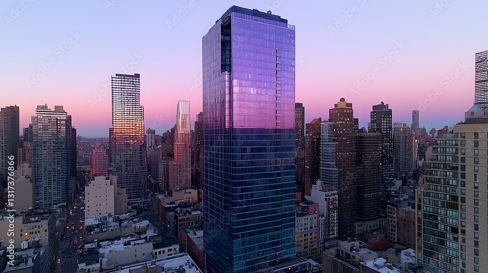 Fototapeta Cityscape sunset view, modern skyscraper, urban architecture, winter twilight, aerial shot