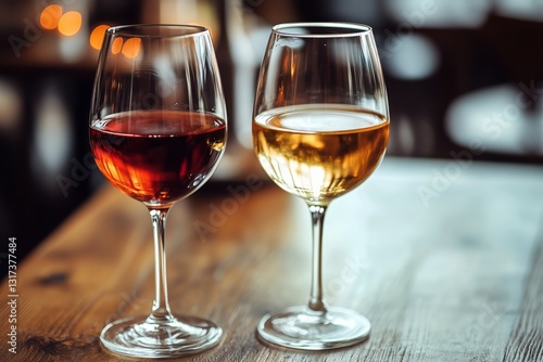 Two Elegant Glasses of Red Wine on a Wooden Table in a Cozy Bar Setting Durin...