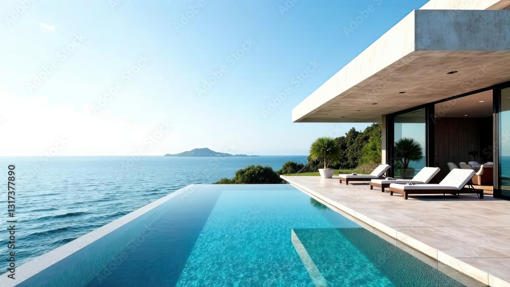 Fototapeta premium Modern luxury villa with an infinity pool overlooking the ocean, featuring minimalist architecture and sun loungers. Real estate, travel, vacation, and high-end lifestyle concepts. Copy space.