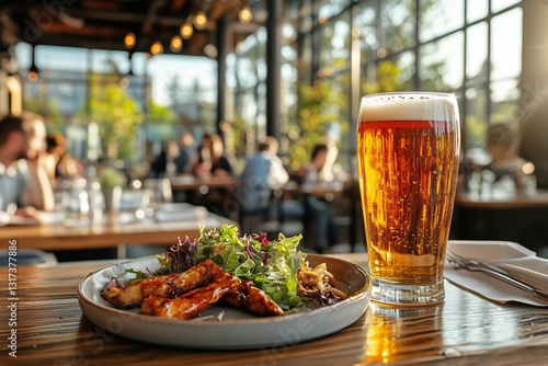 Enjoying a Hearty Meal and Refreshing Drink in a Lively Restaurant Setting Du...
