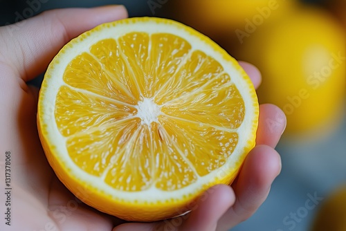 Brightly Colored Lemon Half Held Against a Blurred Background in Natural Light