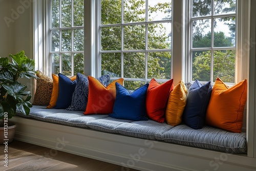 Cozy Window Seat Adorned With Colorful Pillows in Bright Living Space Surroun...