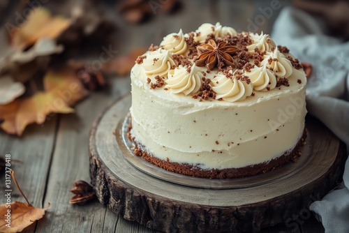 Creamy Cheesecake With Chocolate Topping on Rustic Wooden Table