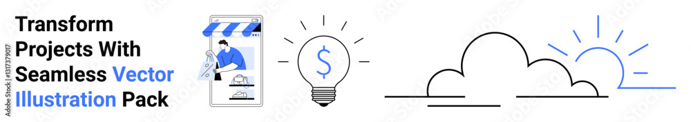 Mobile app storefront, illuminated lightbulb with dollar sign, clouds, and rising sun. Ideal for innovation, business ideas, startup, financial success, creativity technology flat landing page Mobile app storefront, illuminated lightbulb with dollar sign, clouds, and rising sun. Ideal for innovation, business ideas, startup, financial success, creativity technology flat landing page