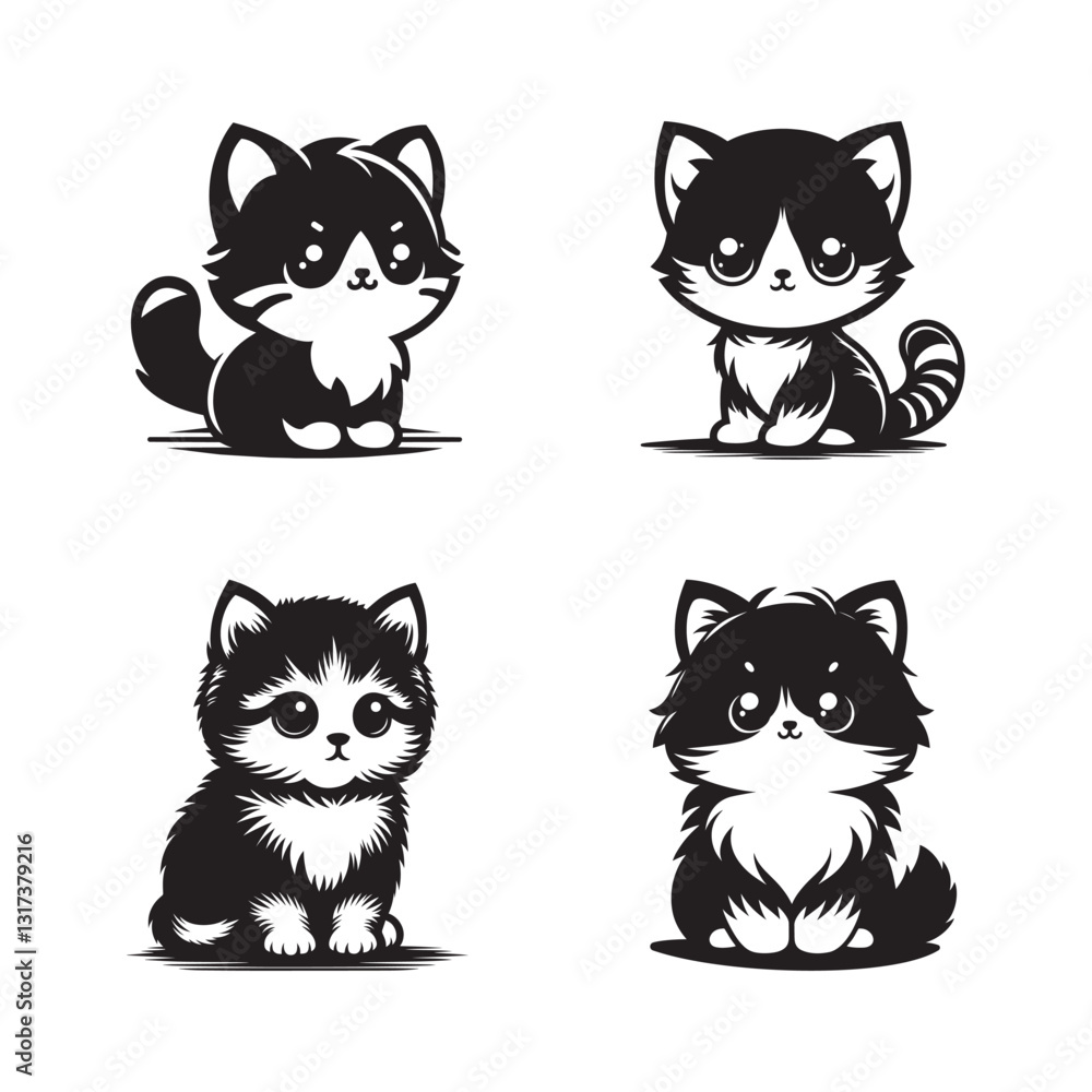 Obraz premium Cute Black and White Cat Illustrations, Adorable Kitten Vector Art, Cute Pet Graphics for Stickers