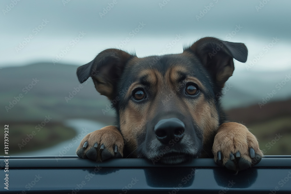 Dog enjoying a scenic view while resting on a car during a cloudy day Dog enjoying a scenic view while resting on a car during a cloudy day