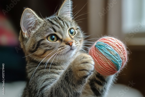 Adorable Kitten Plays With Blue Yarn in Cozy Indoor Setting During Afternoon ...